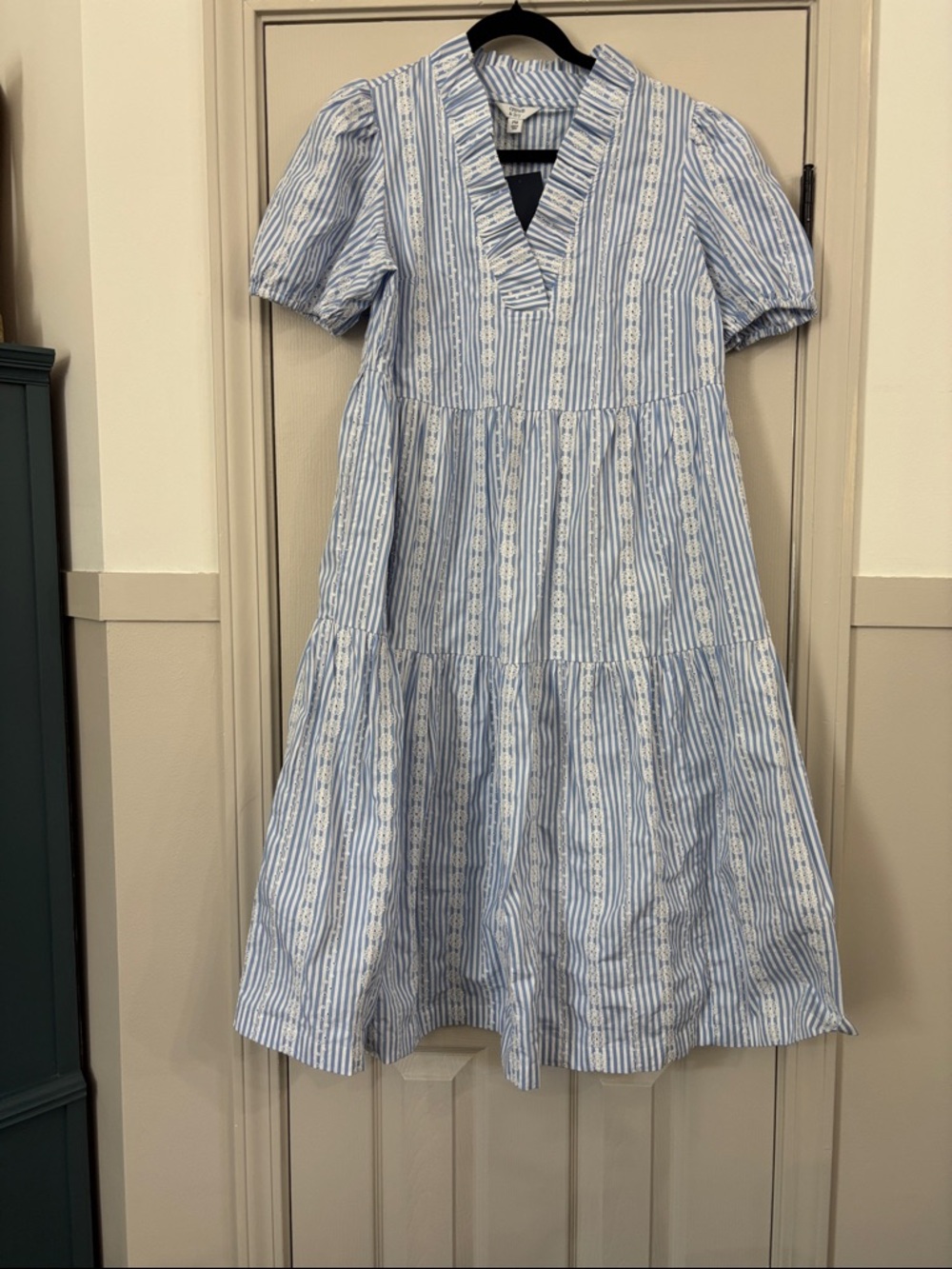 crown & ivy Blue and White Striped Tiered V-Neck Dress